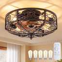 TIFEROR Rustic Ceiling Fan with Light, 20" Modern Enclosed Flush Mount Ceiling Fan with Remote Control, 3 Speeds Reversible Motor, for Hallway, Kitchen, Bedroom (5 E26 Bulbs Included)