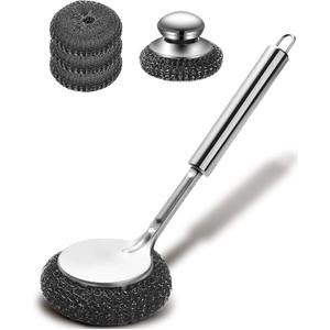 5Pcs Steel Wool Scrubber, Stainless Steel Scrubber Set with Long & Short Handle & 3Pcs Pads, Metal Scrubbers for Cleaning Kitchen,Household,Dishes,Wash Sink,Pots,Pans,Cast Iron,Grills,Stoves