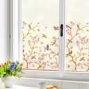 MSUP Window Film Privacy Static Cling Frosted Window Film for Glass Window Anti-UV Window Film Removable No-Glue Film Birds and Flowers Film for Kitchen, Bathroom, Office 17.7'' x 78.7'' Pink
