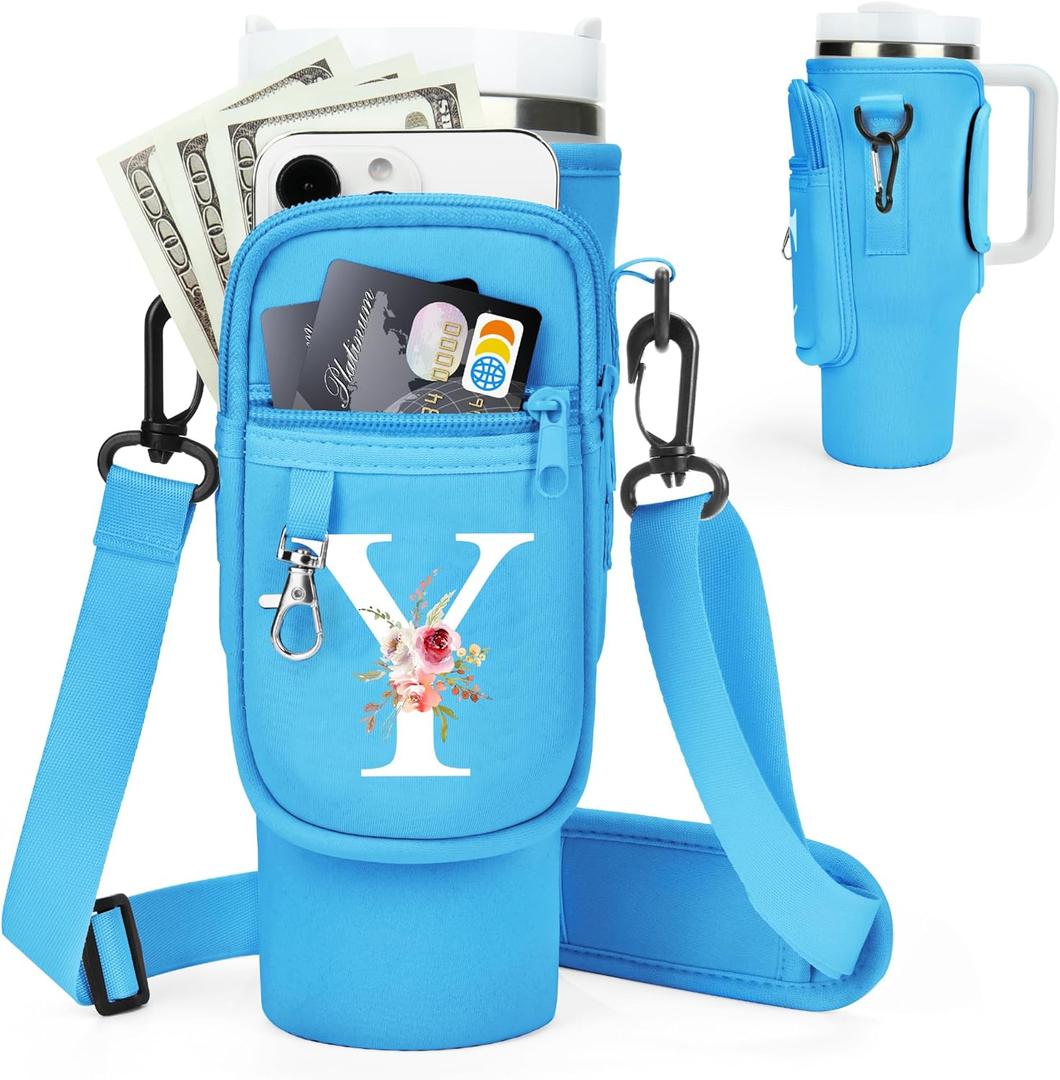 Initial Water Bottle Holder with Strap for Stanley Cup Accessories 40 oz Tumbler/Simple Modern Tumbler Bag, Water Bottle Carrier Bag with Strap for Men Women Gift Hiking, Travel, Camping, Walking Gym (Blue)