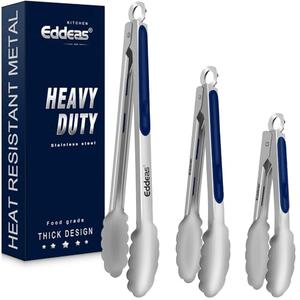 Tongs For Cooking - Heat Resistant 600 Degrees Stainless Steel Kitchen Tong, Heavy Duty Metal Locking Tongs - For Food, Salad, grilling, BBQ 7",9" & 12 inch, set of 3 Dishwasher Safe Blue