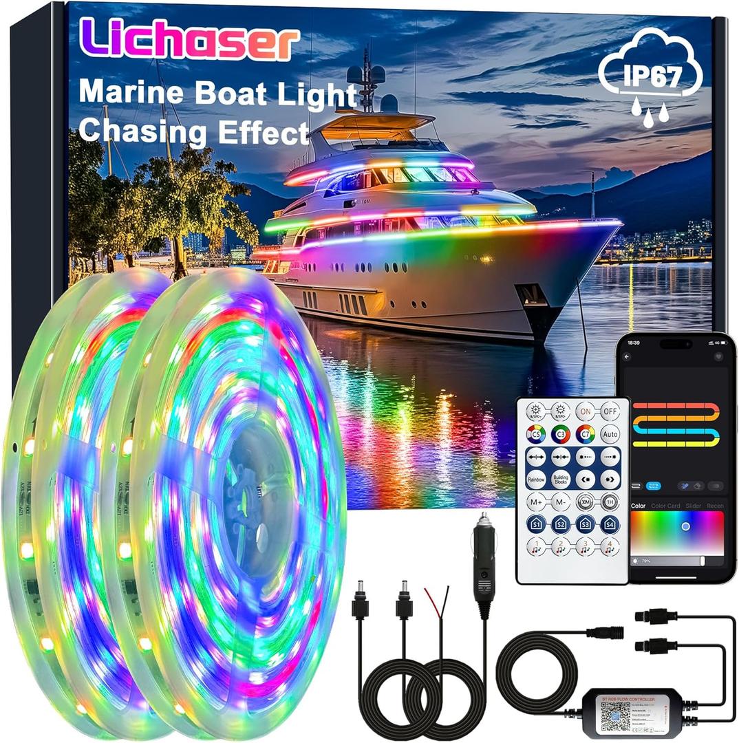 Lichaser Boat LED Strip Light RGB+IC, Marine LED Light Strip for Pontoon with Remote, Segment App Control Boat Light Waterproof 12V, Cool Stuff for Jon Boat, Bass Boat, Camper, RV (33ft)