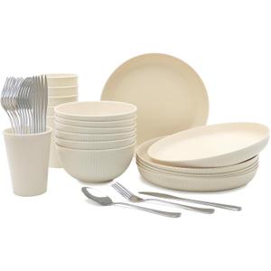 36pcs Reusable Wheat Straw Dinnerware Sets,Unbreakable Dinnerware Cups Plates and Bowls Sets,Durable Kitchenware Dishes Set for Home, Office, Travel,Picnic