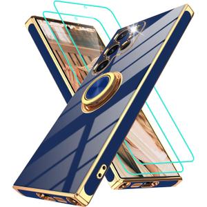 Gritup for Samsung Galaxy S23 Ultra Case: with 2Pcs Screen Protector, 360 Rotation Ring Holder Magnetic Kickstand, Plating Gold Edge Soft TPU Shockproof Protective Cover for S23 Ultra, Blue