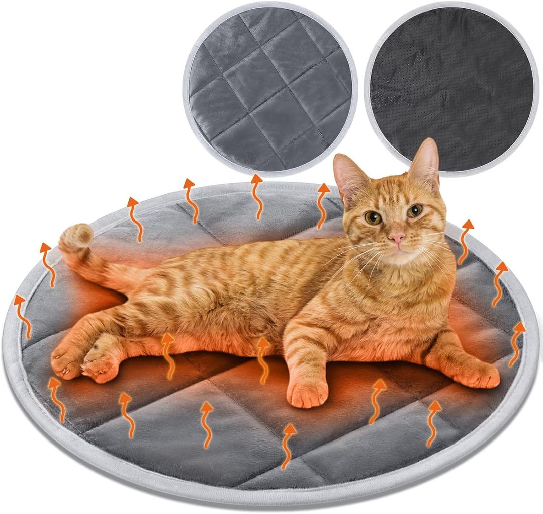 2 Pcs Self Warming Cat Mat Round Self Heating Pad Bed Reversible Machine Washable Heated Bed Anti Slip Warming Pad Pet Mat for Cat Crate Indoor Outdoor(Gray,16 Inch)