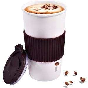 Ceramic Travel Mug, Double Wall Insulated Takeaway 12 oz Coffee Cup for Hot & Cold Beverages, Reusable White Coffee Mug, Splash Resistant Lid & Protective Silicone Sleeve, for Car Cup-Holder, Brown