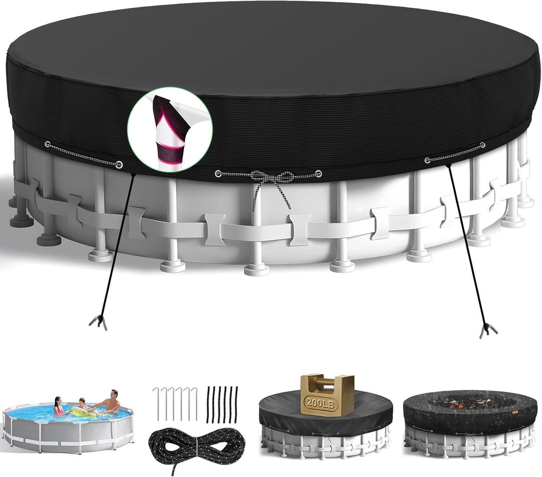 15Ft Round Pool Cover,Heavy Duty Waterproof Round Pool Covers for Above Ground Pools with Ground Nails and Windproof Ropes,Increase Stability&Tear-Resistant, Waterproof and Dustproof, Black