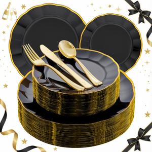 EI 150pcs Black Plastic Plates,Black and Gold Fancy Plate,Gold Plastic Silverware,Black and Gold Dinnerware Set,Premiun Heavy Duty Taleware,Perfect for Party,Wedding,Christmas,New Year