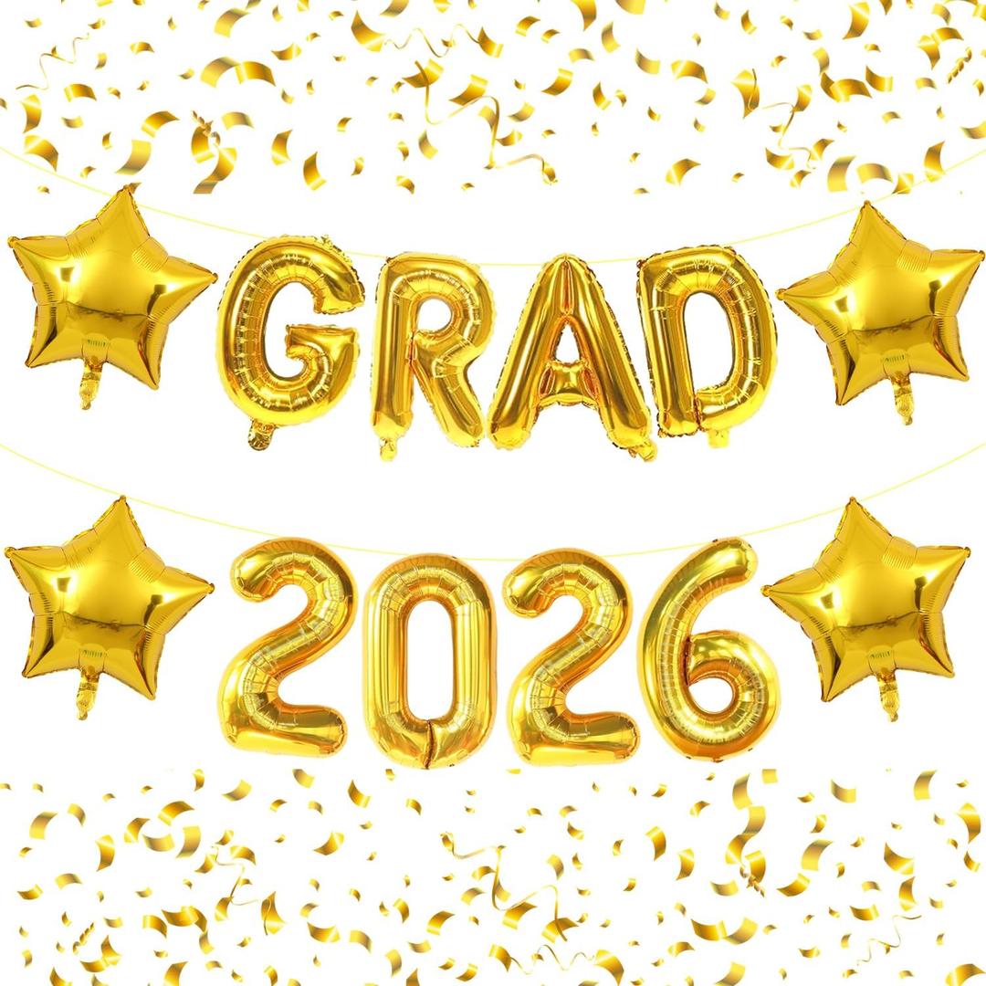 2 x Gold GRAD Balloons -16inch 2026 Number Balloon Congrats Grad Balloon Graduation Foil Balloons for 2026 Graduations Decorations
