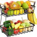 ANTOPY 2 Tier Fruit Basket with 2 Banana Hangers, Countertop Fruit Vegetable Basket Bowl for Kitchen Counter Metal Wire Fruits Storage Stand Holder Organizer for Bread Snack Veggies Produce