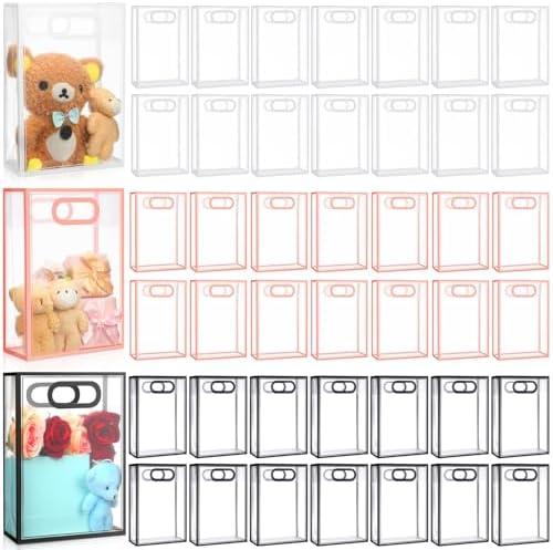 Dunzoom 50 Pcs Clear Plastic Gift Bag with Handle Reusable Transparent Pink Party Favor Flower Bag for Wedding Bridal Birthday Mother Day Gift 10.2 x 7.1 x 3.2''(Black Pink White Trim)