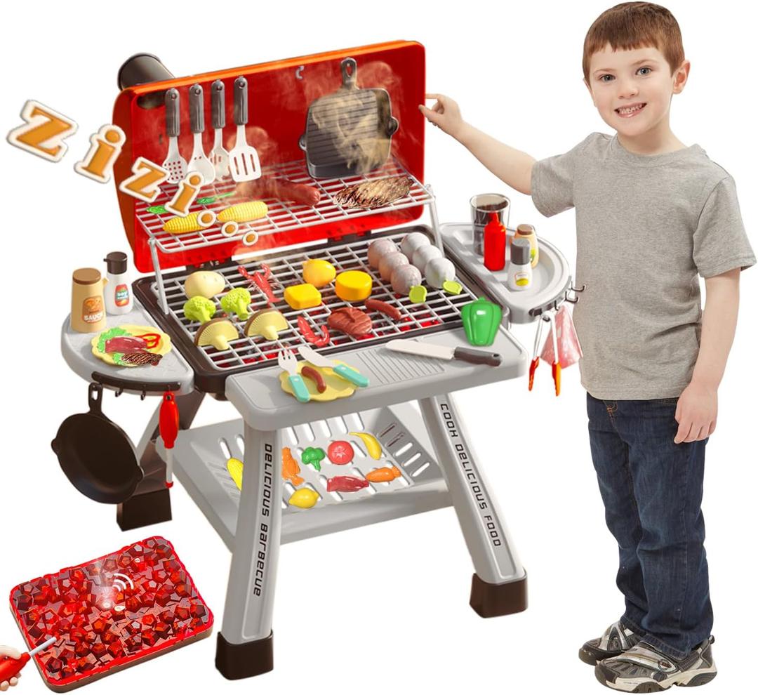 Barbecue Grill Toy Set, Kids BBQ Grill Playset with Smoke Sound Light Simulation Camping Cooking Interactive Toys Christmas Birthday Gift for Toddlers Girls Boys 2-6