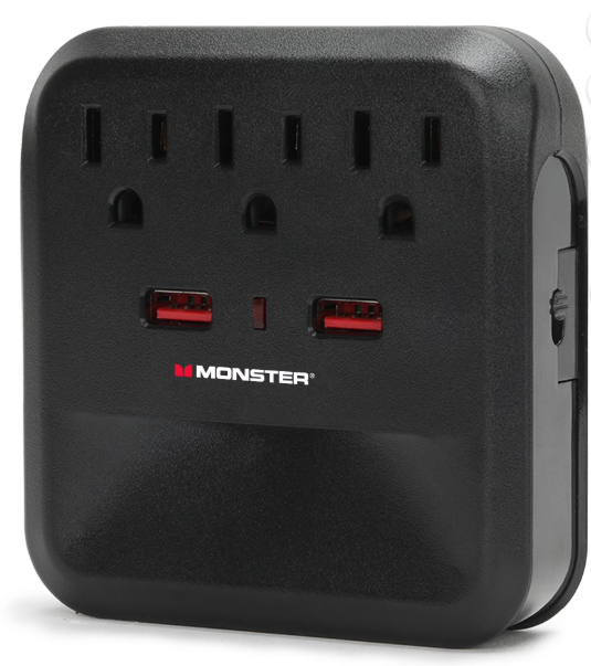 Monster 900J Wall Tap Surge Protector: 3 Grounded Outlets & 2 USB Ports 