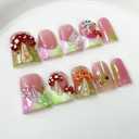 10Pcs Fall Winter Handmade Press on Nails Duck Medium Fake Nails French Tip False Nails with 3D Mushroom Butterfly Design Handmade Duck Nails Press ons Reusable Stick on Nail for Women (S)