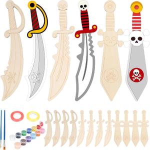 Fennoral 12 Pack Pirates Craft for Kids Make You Own Pirates Wooden Swords Arts and Crafts for Girls Boys DIY Coloring Pirates Theme Craft for Halloween Art Activity Cosplay Supplies Birthday Gifts