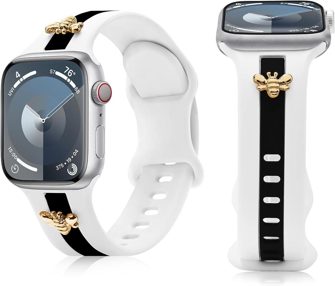 Silicone Strap for Apple Watch Band Series 11 10 9 8 7 6 5 4 3 SE Ultra, Stylish Bracelet with Gold Honey Bee Charms for iWatch 38mm 40mm 41mm 42mm 44mm 45mm 46mm 49mm Bands, Designer Sport Wristbands