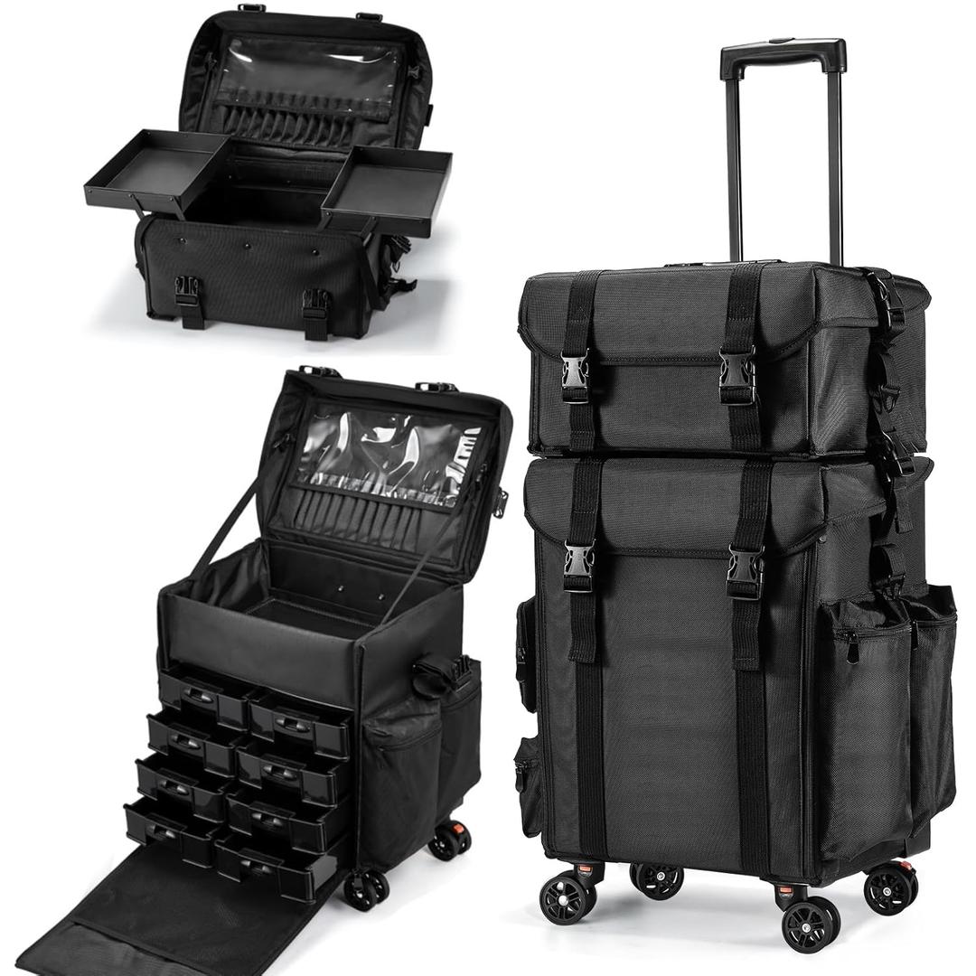 Costravio Travel Makeup Bag, Cosmetology Case on Wheels, 2 IN 1 Hair Tool Organizer, Rolling Nail Organizer Train Case, Large Cosmetic Trolley Suitcase for MUA/Hairstyling/Home-care/Groomer, Black