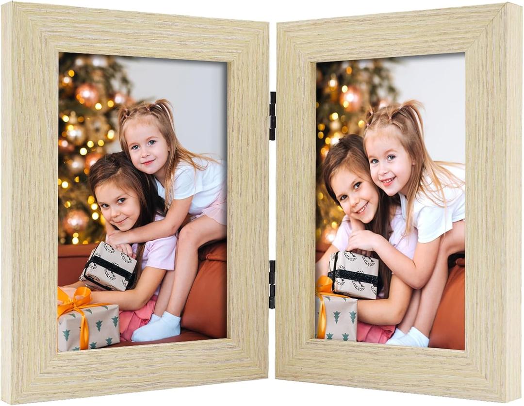 Frametory, 4x6 Double Picture Frame - Real Glass Hinged 2 Photos Collage, Desktop Picture Frame Standing Vertical (Natural, 1 Pack) (Beige)