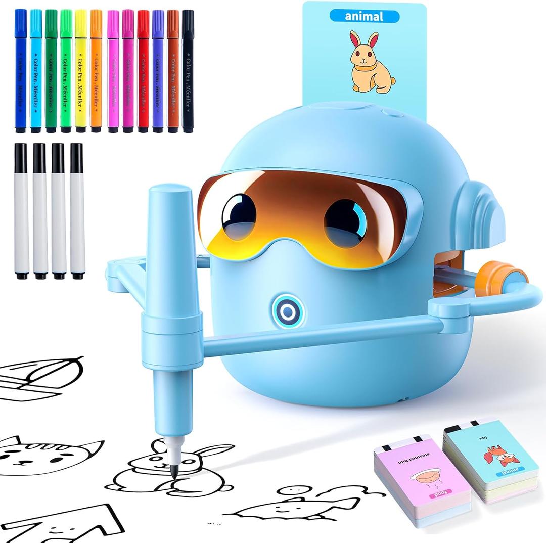 Drawing Robot for Kids Montessori Painting Toys for 3 4 5 6 7 8 Year Old, Voice Interactive Educational Drawing Machine with 100 Cards,16 Colorful Pens & Music-Gift for Boys Girls (Blue)