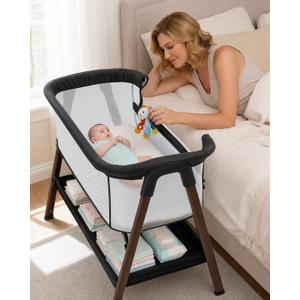Baby Bassinet, Bedside Bassinet for Baby | Bassinet Bedside Sleeper with Mattress, Storage Basket and 4 Auto-Lock Wheels, Full-Mesh Sides, Bedside Mini Crib for Newborn