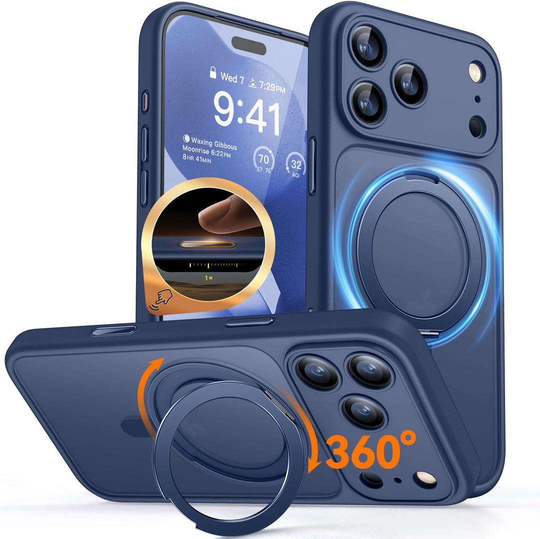 CANSHN 360 Spin Magnetic Stand for iPhone 17 Pro Max Case with Camera Control [Full Camera Protection] [Compatible with Magsafe] Translucent Matte Shockproof Protective Phone Cover -
Deep Blue