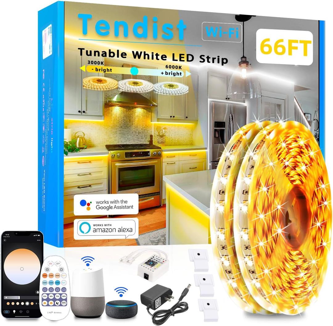 White LED Strip Lights 3000K-6500K 66ft Dimmable, Smart Strip Light Alexa Compatible, 24V WiFi Flexible Tape LED with APP & RF Remote, Cabinet Lighting Self-Adhesive for Room, Kitchen