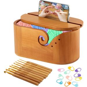 Oval Yarn Bowl, Crochet Yarn Holder with 9pcs Knitting Hooks, Large Wooden Yarns Storage Crochet Bowl with Double Curling Slot Knitting Gift for Crocheters