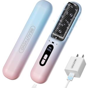 Cordless Hair Straightener Brush - Dual Mode Portable Hair Straightening Brush for Travel, 30-Min Fast Charging & 6 Temp Settings, 300 Million Negative Ions Reduces Damage