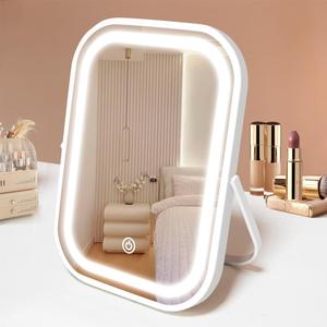 Travel Makeup Mirror with Lights, Portable Small Beauty LED Vanity Mirror with Lights, 1200mAh Battery, Dimmable Touch Screen, Tabletop Folding Compact Mirror,Women Gift (8"L x 6"W, White)