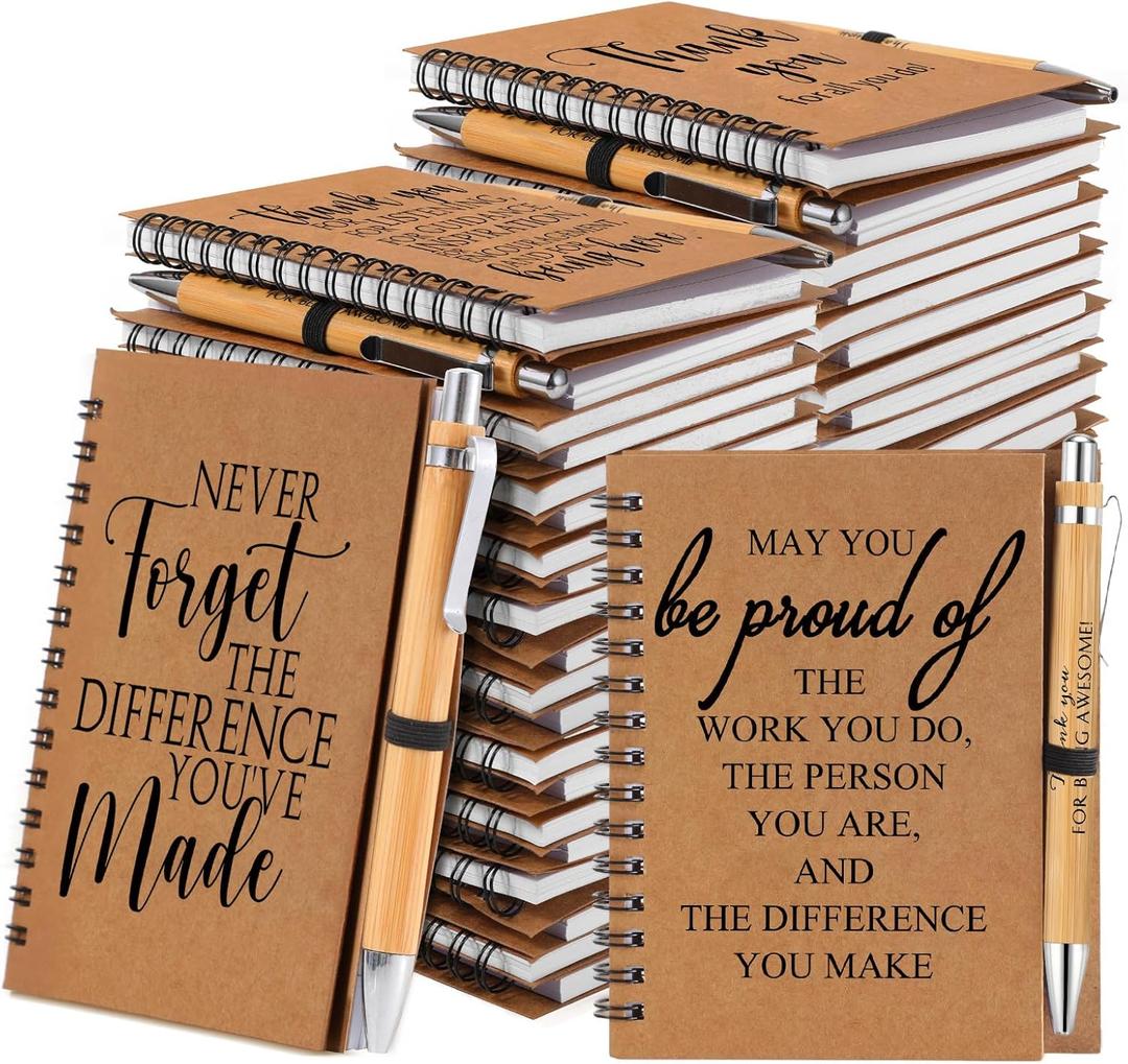 Honoson 30 Sets Spiral Notebooks Sets Employee Appreciation Gifts Bulk Inspirational Journals with Retractable Bamboo Pens Encouragement Notepad Thank You Gifts for Staff Teacher Coworker