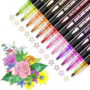 Glitter Markers 24 Colors Double Line Outline, Markers, For Doodling,Painting,Christmas Cards, DIY Craft Projects Art Supplies For Girls Kids Ages 8-12 Glitter Pens For Adults