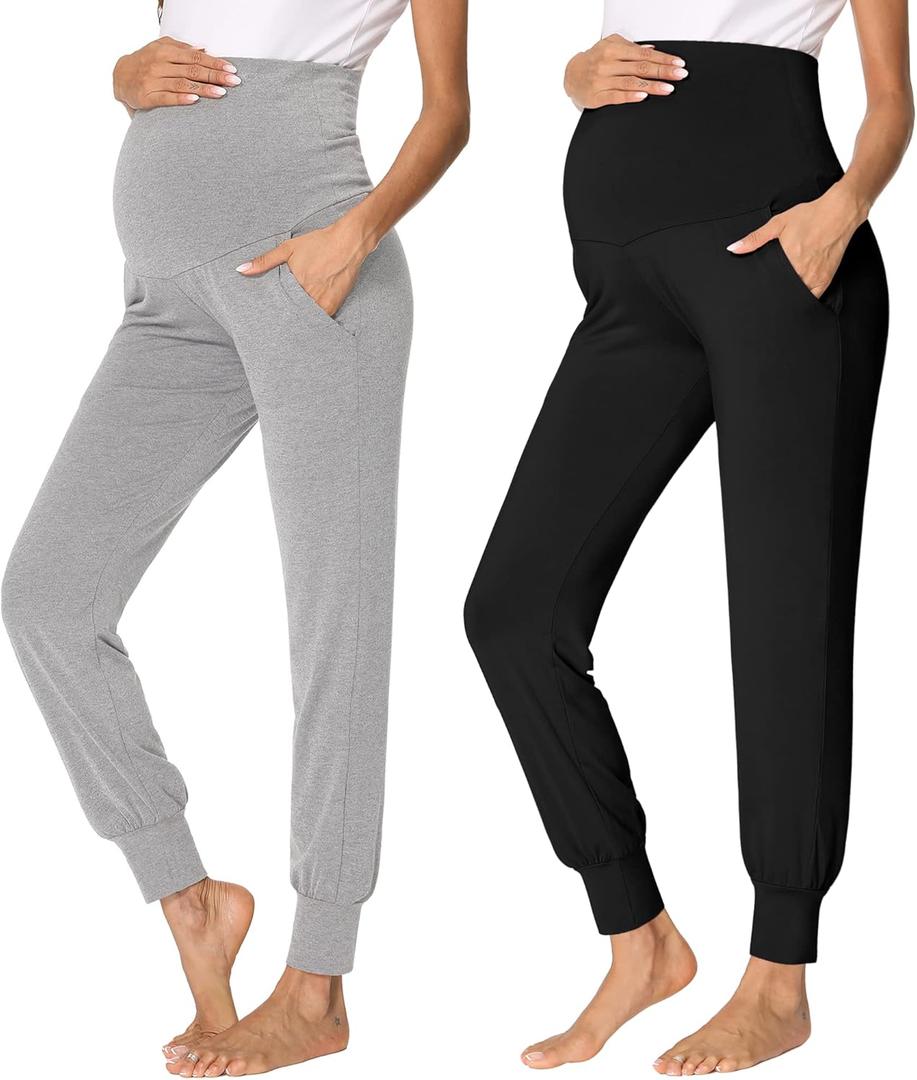 fitglam Women's Maternity Pants Over Belly Lounge Pajamas Clothes Pregnancy Must Haves Joggers with Pockets (X-Large, 2pcs Black/Heather Grey)