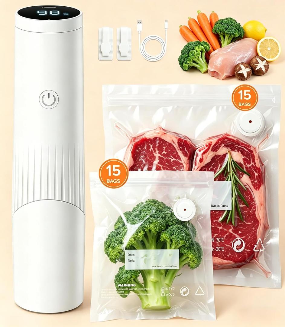 1800mAh Compact Vacuum Sealer for Food, 80kPa Powerful Handheld Vacuum Sealer Machine with 30 Reusable Bags, LCD-Display, Visible Water Tank, Portable Cordless Food Sealer for Meal Prep