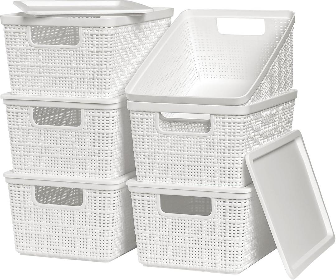 6 Pack Plastic Storage Baskets With Lids,White Breathable Stackable Storage Bins,Small Storage Containers,for Organizing Storage Baskets on Desktops,Closets,Playrooms,Classrooms,Offices