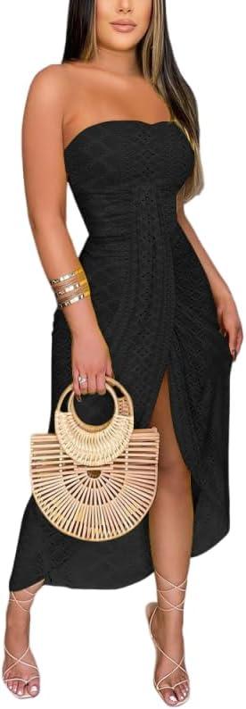 CHICME Women's Strapless Maxi Bodycon Dresses Wrap Asymmetrical Beach Maxi Long Dress Beach Sunset Dress (Black-M)