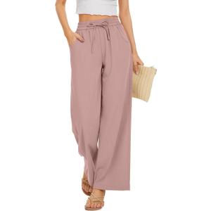 Women Flowy Pants Drawstring Waist Wide Leg Palazzo Beach Pants Loose Fit with Pockets (X-Small Short, Pink)