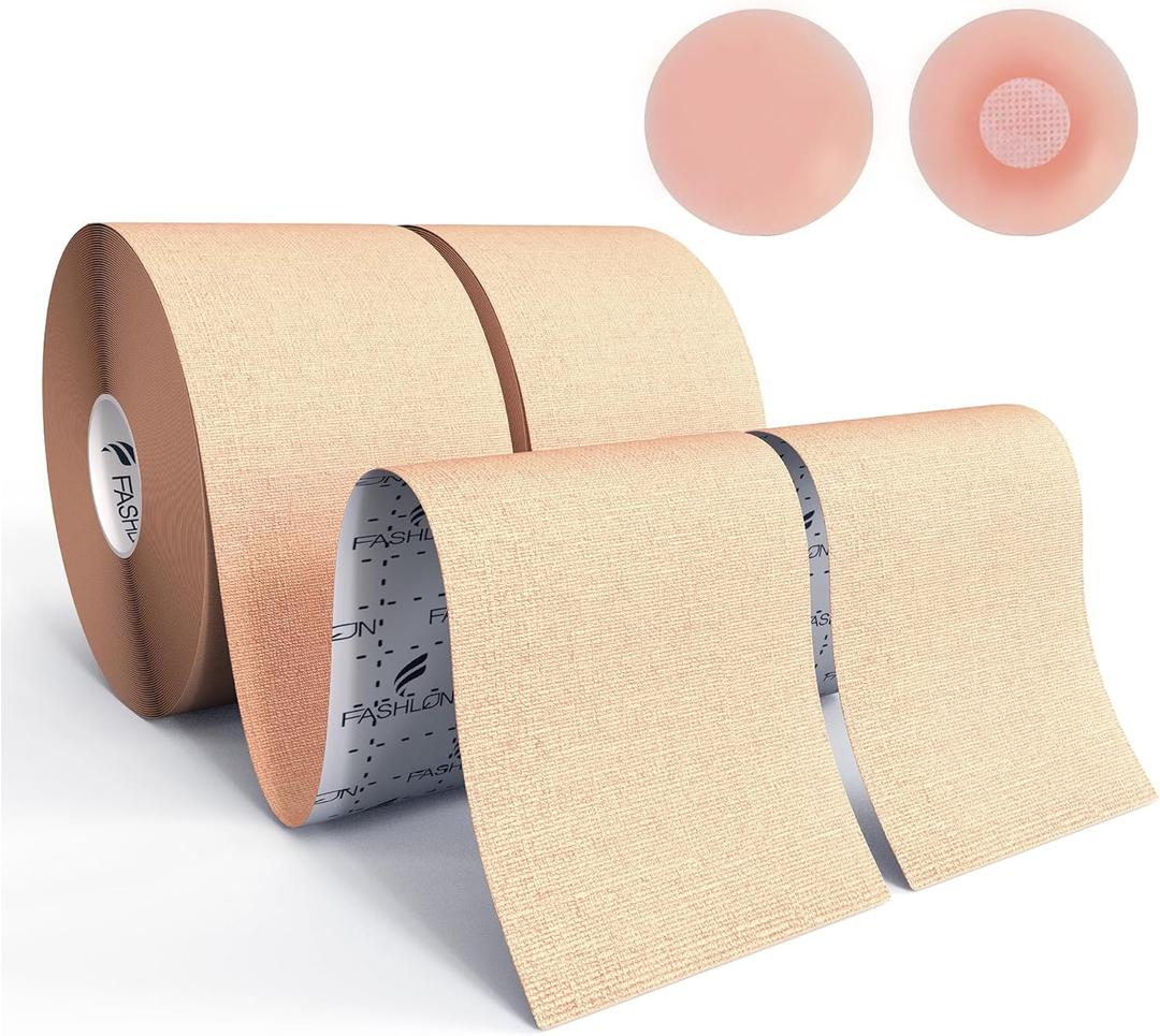 2 x FASHLON Boob Tape, 2-Roll, Safe for Sensitive Skin, Fits A-DD Cups, Breast Lift Tape with Silicone Nipple Covers