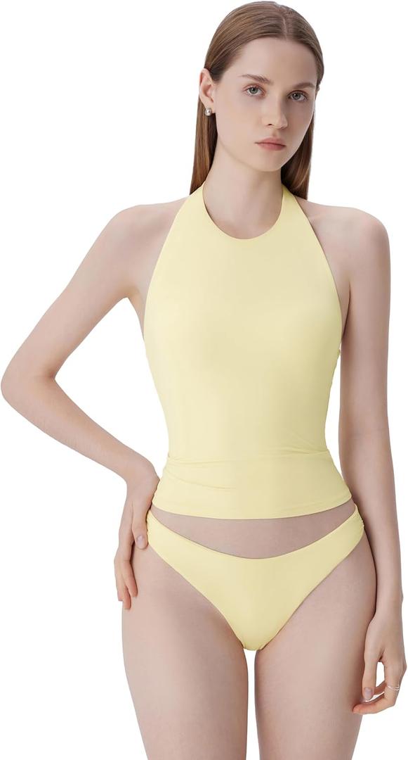 SUUKSESS Women Halter Padded Tank Tops Double Lined Trendy Y2K Going Out Tops Spring Summer Backless Shirts (Butter Yellow, M)