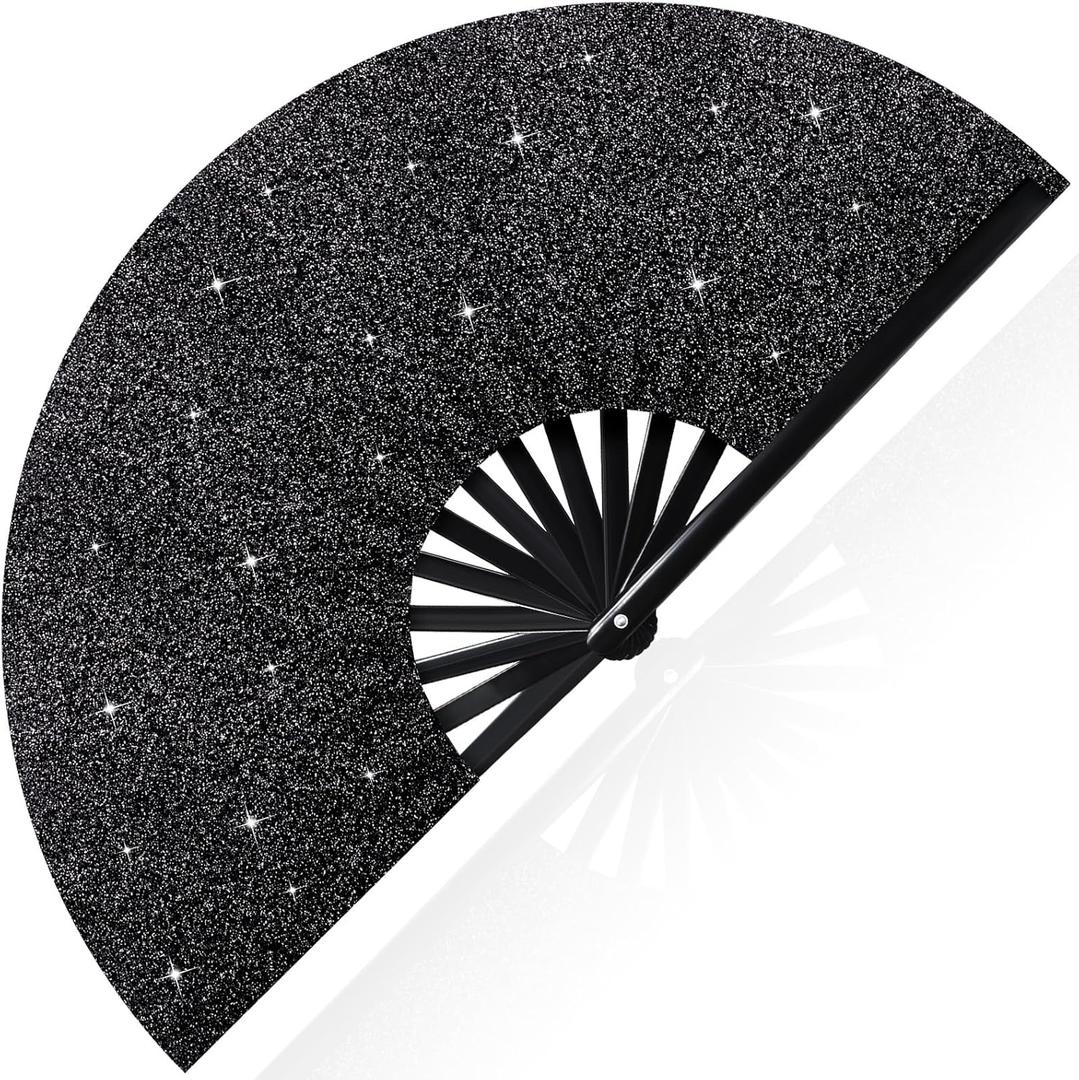Vercraft 13'' Large Rave Fan for Women Rave Accessories Festival Outfits Glitter Hand Folding Clack Fan for Line Dancing Edm Music Festival Outfits(Black)