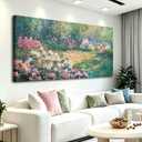 msspart Large Garden Floral Canvas Wall Art for Living Room Pink Flower Garden Nature Green Impressionist Painting, Textured Picture Modern Landscape Artwork Bedroom Home Office Decor 24”x 48”