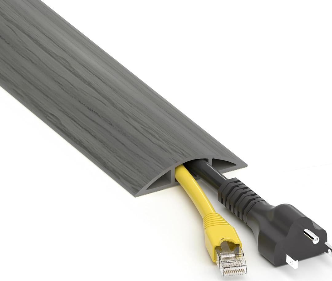 Floor Cord Cover 6ft, Cord Hider Floor Hide Extension Cords, Floor Cable Management Floor Cable Cover Wire Covers for Cords, Cable Protector Cord Cavity W0.6in x H0.32in Grey Wood
