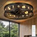 Fandelier Ceiling Fan with Light, Vintage Victorian Rustic Crystal Fandelier, Caged Enclosed Bladeless Chandelier Fan, Low Profile Flush Mount for Bedroom, Kitchen, Living Room, Dining Room, 20 Inch