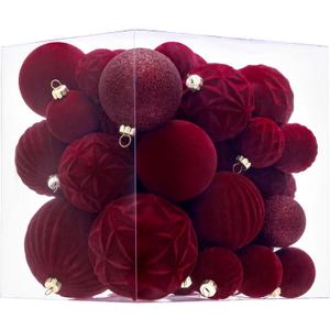 Velvet Christmas Ball Ornaments Burgundy Xmas Tree Decorations 36pcs Shatterproof Christmas Ornaments Set with 5 Styles in 3 Sizes(Small Medium Large) (Mixed)