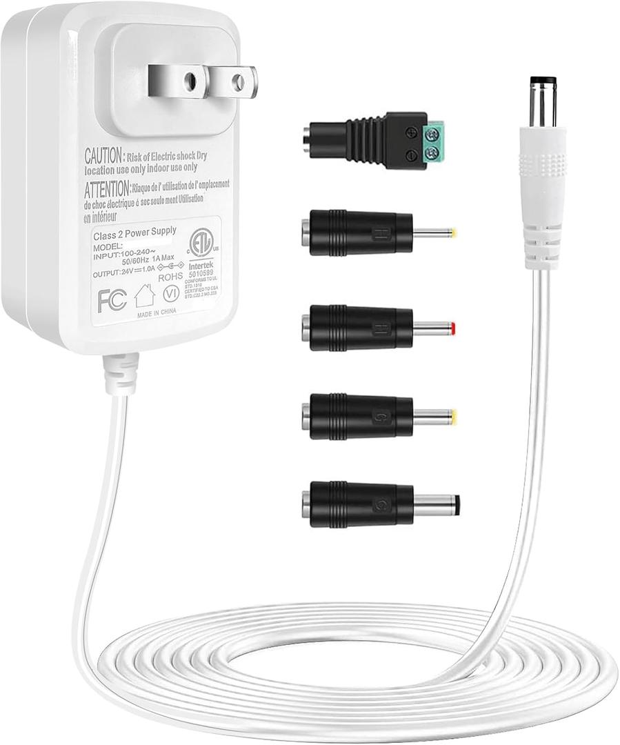 TKDY 24V 1A Power Adapter White, 110-240V AC to 24Vdc 24W Class 2 Power Supply, DC24V Switching Charger Cord for 24 Volt 1.0A 1000mA 0.75A 750mA 0.5A 500mA Devices.