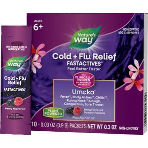 Nature's Way Cold + Flu Relief FastActives, Umcka, Homeopathic, Fever*, Sore Throat, Cough, Congestion, Phenylephrine Free, Non-Drowsy, Berry Flavored, 10 Packets (Packaging May Vary)