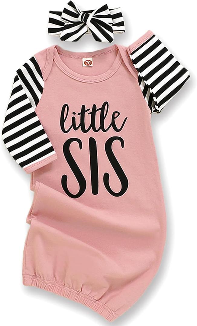 AMAWMW Newborn Baby Girl Little Sister Sleeper Gown Stripe Long Sleeve Nightgown Pajamas Gifts Stuff Essential Outfit (0-6 Months, A Pink Striped Sleeve)