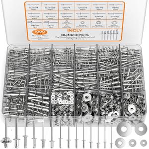 INCLY 1000PCS Aluminum Pop Rivets Assortment Kit, 14 Sizes Pop Rivets (3/32" 1/8" 5/32" 3/16" 1/4") with 5 Size 304 Stainless Steel Backup Washers, Assorted Blind Rivets for Metal with Storage Case (White)