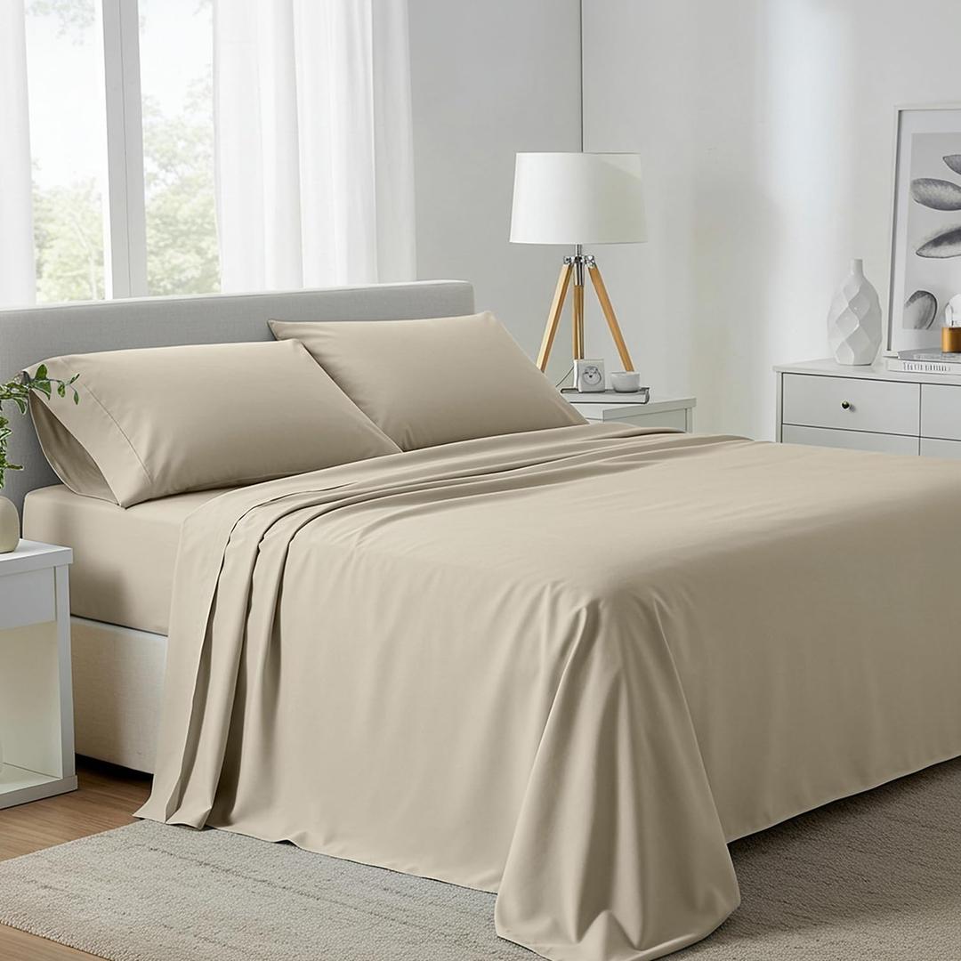 Carressa Linen 100% Egyptian Cotton King Size Sheets Set - 800 High Thread Count Egyptian Cotton Sheets King Size (4 PC, Crisp White), Soft, Cooling, 16" Deep Pocket Sateen Weave Luxury Bed Sheet Color Beach Sand