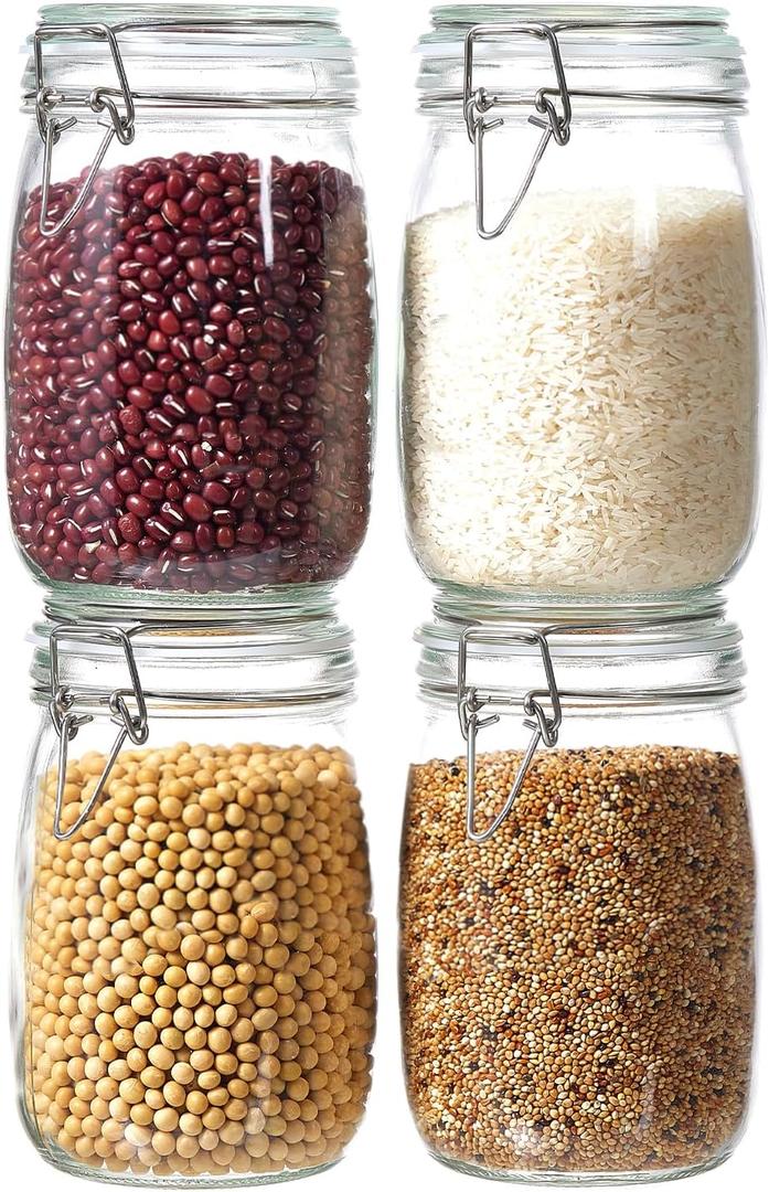 4 Pack 34oz Food Storage Jars with Airtight Lids, Preserving Seal Wire Clip Fastening Glass Containers, Canisters for Kitchen Organization, Flour, Cereal, Pasta, Sugar, Beans, Pickling Jars(34 Oz*4)
