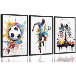 Yanertds 3Pcs Soccer Poster Wall Art Colorful Graffiti Sports Painting Picture Wall Decor Modern Football Athlete Silhouette Canvas Print Artwork for Nursery Boys' Room Bedroom Study Home Decoration (24"L x 16"W)
